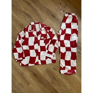 YiNi LuLu Women Red White Checkerboard Pajama Set Feels Like Satin Size Large